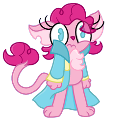 Size: 807x809 | Tagged: safe, artist:thefanficfanpony, character:pinkie pie, species:abyssinian, species:anthro, abyssinianized, bipedal, blue eyes, cat, chest fluff, clothing, coat, colored lineart, cute, eyelashes, female, large eyes, leonine tail, no pupils, paws, pink fur, pink hair, pink tail, simple background, solo, species swap, standing, transparent background, wavy mouth