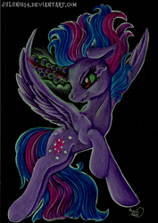 Size: 1642x2320 | Tagged: safe, artist:julunis14, character:twilight sparkle, character:twilight sparkle (alicorn), species:alicorn, species:pony, black background, colored horn, corrupted, corrupted twilight sparkle, curved horn, dark magic, dark twilight sparkle, female, flying, frown, gritted teeth, horn, magic, mare, nose wrinkle, signature, simple background, solo, sombra eyes, sombra horn, spread wings, traditional art, watermark, wavy mane, wings