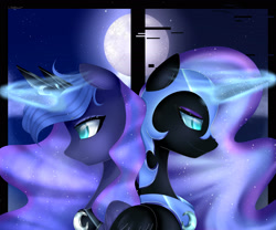 Size: 2400x2000 | Tagged: safe, artist:clefficia, character:nightmare moon, character:princess luna, species:alicorn, species:pony, duo, error, female, frown, full moon, glitch, glowing horn, helmet, jewelry, looking down, magic, mare, moon, night, ponidox, regalia, self ponidox, signature, smiling, stars