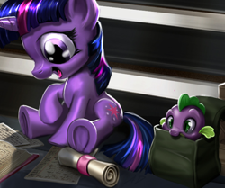 Size: 440x367 | Tagged: safe, artist:harwick, edit, character:spike, character:twilight sparkle, character:twilight sparkle (unicorn), species:dragon, species:pony, species:unicorn, baby, baby dragon, baby spike, backpack, book, castle, cute, cutie mark, female, filly, filly twilight sparkle, hnnng, male, nom, open book, open mouth, paper, scroll, sitting, smiling, soon, spikabetes, stairs, twiabetes, underhoof, younger