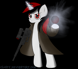 Size: 2500x2200 | Tagged: safe, artist:cloufy, oc, oc only, oc:blackjack, species:pony, species:unicorn, fallout equestria, bipedal, black background, clothing, female, gun, hooves, horn, mare, optical sight, rifle, simple background, sniper rifle, solo, weapon