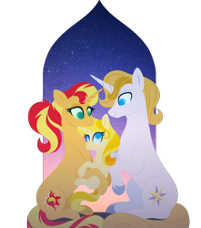 Size: 904x1024 | Tagged: safe, artist:carouselunique, character:prince blueblood, character:sunset shimmer, oc, oc:sparkling dawn, parent:prince blueblood, parent:sunset shimmer, parents:sunblood, cuddling, cute, evening, female, hug, lullaby, male, mood lighting, next generation, offspring, shipping, simple background, straight, sunblood, transparent background