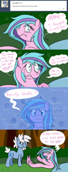 Size: 1280x3246 | Tagged: safe, artist:hummingway, oc, oc only, oc:cerulean mist, oc:swirly shells, species:pony, species:unicorn, ask-humming-way, comic, dialogue, duo, merpony, speech bubble, thought bubble, tumblr, tumblr comic