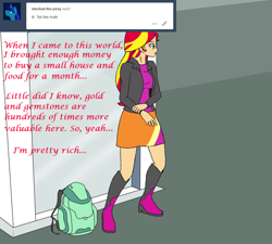 Size: 1000x900 | Tagged: safe, artist:deltalima, character:sunset shimmer, my little pony:equestria girls, ask dickhead shimmer, backpack, bag, boots, clothing, high heel boots, jacket, leather jacket, statue