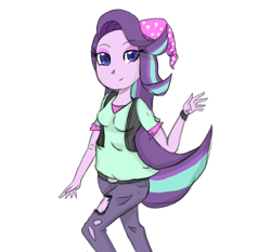 Size: 1778x1659 | Tagged: safe, artist:mildockart, character:starlight glimmer, my little pony:equestria girls, beanie, breasts, clothing, female, hat, lidded eyes, looking at you, pants, shirt, simple background, smiling, waving, white background