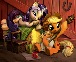 Size: 1200x972 | Tagged: safe, artist:harwick, character:applejack, character:rarity, species:pony, species:unicorn, ship:rarijack, apple, banjo, bedroom eyes, bottle, clothing, cowboy hat, duo, female, food, freckles, fruit, hat, hay bale, horseshoes, lesbian, lidded eyes, musical instrument, playing, shipping, sitting, stetson, underhoof