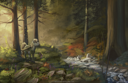 Size: 1500x971 | Tagged: safe, artist:blindcoyote, oc, oc only, species:deer, species:pony, clothing, commission, everfree forest, forest, grass, gun, looking around, looking up, male, river, rock, scenery, scenery porn, smiling, solo, stag, stallion, stream, tree, weapon