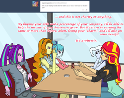 Size: 1361x1075 | Tagged: safe, artist:deltalima, character:adagio dazzle, character:aria blaze, character:sonata dusk, character:sunset shimmer, character:trixie, my little pony:equestria girls, cigarette, clothing, dialogue, restaurant, smoking, the dazzlings