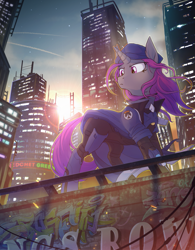 Size: 879x1125 | Tagged: safe, artist:redchetgreen, species:pony, species:unicorn, ana amari, city, clothing, costume, crossover, female, graffiti, hat, looking down, mare, overwatch, ponified, scenery, serious, serious face, skyscraper, sunlight