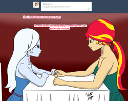 Size: 1361x1075 | Tagged: safe, artist:deltalima, character:sunset shimmer, character:trixie, species:human, ship:suntrix, date, dialogue, female, holding hands, humanized, lesbian, looking at each other, restaurant, shipping