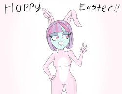 Size: 3796x2928 | Tagged: safe, artist:mildockart, character:sunny flare, equestria girls:friendship games, g4, my little pony: equestria girls, my little pony:equestria girls, animal costume, breasts, bunny costume, bunny ears, clothing, colored sketch, costume, female, looking away, peace sign, simple background, solo, text