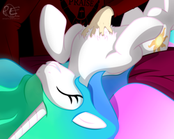 Size: 2000x1600 | Tagged: safe, artist:ponyecho, character:princess celestia, species:alicorn, species:human, species:pony, behaving like a cat, bellyrubs, catlestia, chest fluff, cute, cutelestia, dark souls, duo, eyes closed, female, hand, human on pony action, human on pony petting, interspecies, lying down, mare, misleading thumbnail, missing accessory, on back, ponyecho is trying to murder us, praise the sun, show accurate, smiling, solaire of astora, true love princesses