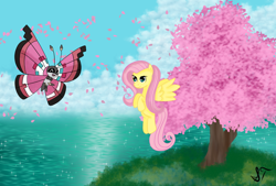 Size: 1600x1080 | Tagged: safe, artist:silversthreads, character:fluttershy, oc, oc:cherry blossom, species:pegasus, species:pony, crossover, female, floating, looking at each other, mare, ocean, pokémon, spread wings, vivillon, wings