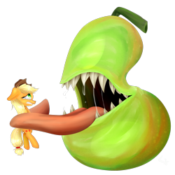 Size: 1861x1861 | Tagged: safe, artist:lixthefork, character:applejack, species:earth pony, species:pony, biting pear of salamanca, drool, drool string, female, floppy ears, frown, gritted teeth, imminent vore, lidded eyes, lolwut, long tongue, mare, open mouth, prehensile tongue, restrained, scared, sharp teeth, simple background, teeth, tongue out, transparent background, wat, wide eyes