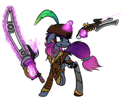 Size: 2320x1881 | Tagged: safe, artist:nekro-led, oc, oc only, oc:nebula, species:pony, amputee, blade, chainsaw, clothing, cyborg, ear piercing, earring, feather, female, flintlock, hairband, jewelry, magic, mare, piercing, prosthetic limb, prosthetics, simple background, solo, space pirate, sword, telekinesis, tricorne, weapon, white background