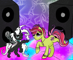 Size: 1037x847 | Tagged: safe, artist:silversthreads, oc, oc only, oc:candy crush, oc:cerys, species:changeling, species:earth pony, species:pony, changeling oc, dancing, duo, female, gift art, mare, rave, white changeling