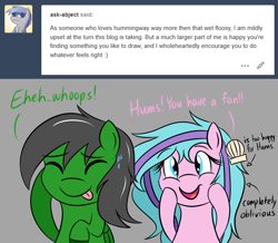 Size: 1280x1115 | Tagged: safe, artist:hummingway, oc, oc only, oc:feather hummingway, oc:swirly shells, species:pegasus, species:pony, ask-humming-way, dialogue, duo, female, happy, male, mare, stallion, tumblr, tumblr comic