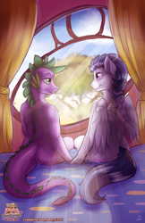 Size: 3300x5100 | Tagged: safe, artist:blindcoyote, character:rumble, character:spike, species:anthro, species:dragon, species:pegasus, species:pony, absurd resolution, bed, cute, explicit source, gay, looking at each other, male, older, romance, rumblespike, saddle up 2: creature comforts, shipping, stallion