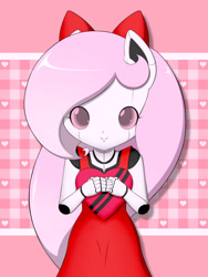 Size: 900x1200 | Tagged: safe, artist:jdan-s, oc, oc only, oc:cyberia heart, species:human, bow, clothing, dress, eared humanization, heart, holiday, humanized, looking at you, robot, solo, valentine's day