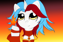 Size: 1600x1080 | Tagged: safe, artist:silversthreads, oc, oc only, oc:audina puzzle, species:pony, species:unicorn, clothing, commission, crossover, dota 2, female, fire, lina, mare, solo
