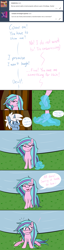 Size: 1280x5038 | Tagged: safe, artist:hummingway, oc, oc only, oc:cerulean mist, oc:swirly shells, species:pony, species:unicorn, absurd resolution, ask-humming-way, comic, dialogue, duo, exclamation point, female, mare, merpony, speech bubble, thought bubble, transformation, tumblr, tumblr comic