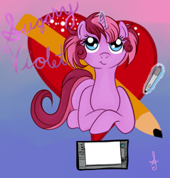 Size: 1031x1080 | Tagged: safe, artist:silversthreads, oc, oc only, oc:sugary violet, species:pony, species:unicorn, cutie mark, drawing, female, gradient background, magic, mare, solo, tablet