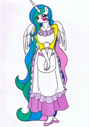 Size: 2473x3484 | Tagged: safe, artist:killerteddybear94, character:princess celestia, species:alicorn, species:anthro, species:plantigrade anthro, species:pony, apron, blush sticker, blushing, breasts, busty princess celestia, cleavage, clothing, cute, cutelestia, dawwww, featured on derpibooru, female, horn, housewife, long hair, mare, momlestia, multicolored hair, purple eyes, skirt, smiling, solo, traditional art, wings