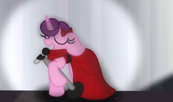 Size: 1176x698 | Tagged: safe, artist:thefanficfanpony, character:sugar belle, species:pony, species:unicorn, bow, clothing, dress, female, floppy ears, hair bow, mare, microphone, red dress, singing, solo, stage