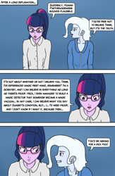 Size: 850x1300 | Tagged: safe, artist:deltalima, character:trixie, character:twilight sparkle, character:twilight sparkle (scitwi), species:eqg human, my little pony:equestria girls, alternate hairstyle, clothing, dialogue, glasses, language