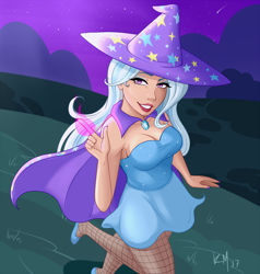 Size: 1000x1050 | Tagged: safe, artist:emberfan11, character:trixie, species:human, breasts, busty trixie, cleavage, clothing, dress, female, fishnets, humanized, magic glow, shooting star, solo