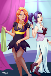 Size: 1000x1468 | Tagged: safe, artist:emberfan11, character:rarity, character:sassy saddles, species:human, episode:rarity investigates, g4, my little pony: friendship is magic, alternate hairstyle, clothing, dress, duo, ear piercing, earring, female, humanized, jewelry, lipstick, makeup, moderate dark skin, piercing, shoes, side slit, stockings, thigh highs