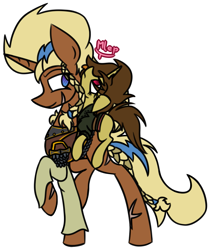 Size: 1567x1864 | Tagged: safe, artist:nekro-led, oc, oc only, oc:frida, oc:nicole, species:pony, species:unicorn, fallout equestria, armor, braid, chestplate, clothing, jacket, mother and daughter, ponies riding ponies, scar, simple background, tongue out, white background