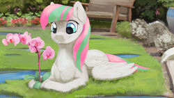 Size: 1920x1080 | Tagged: safe, artist:blindcoyote, character:blossomforth, species:pegasus, species:pony, adoraforth, cute, female, flower, grass, mare, orchid, park, prone, request, requested art, smiling, solo