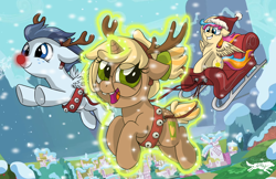 Size: 5100x3300 | Tagged: safe, artist:lostinthetrees, oc, oc only, oc:copper chip, oc:golden gates, oc:silver span, species:pony, absurd resolution, antlers, christmas, clothing, flying, hat, holiday, levitation, magic, ponyville, reindeer antlers, rudolph the red nosed reindeer, santa hat, self-levitation, sleigh, snow, telekinesis