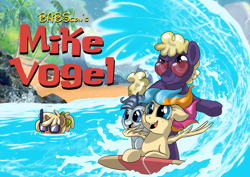 Size: 2045x1444 | Tagged: safe, artist:lostinthetrees, oc, oc only, oc:copper chip, oc:golden gates, oc:silver span, ponysona, species:pony, beach, goggles, mike vogel, ocean, palm tree, parody, surfboard, swimming goggles, tree, wave