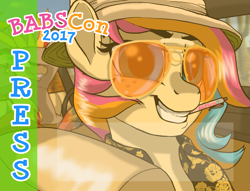 Size: 1275x975 | Tagged: safe, artist:lostinthetrees, oc, oc only, oc:golden gates, species:pony, babscon, fear and loathing in las vegas, grin, hunter s. thompson, mouth hold, parody, pen, press badge, smiling