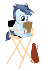 Size: 3225x4814 | Tagged: safe, artist:lostinthetrees, oc, oc only, oc:silver span, species:pegasus, species:pony, absurd resolution, babscon, chair, clipboard, director's chair, high res, male, megaphone, simple background, sitting, solo, stallion, transparent background