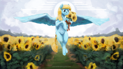 Size: 1920x1080 | Tagged: safe, artist:blindcoyote, character:helia, species:pegasus, species:pony, female, flower, flying, gift art, hoof hold, mare, smiling, solo, spread wings, sunflower, wings