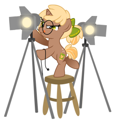 Size: 3361x3529 | Tagged: safe, artist:lostinthetrees, oc, oc only, oc:copper chip, species:pony, species:unicorn, babscon, female, filly, glasses, high res, mare, simple background, solo, spotlight, stool, tongue out, transparent background