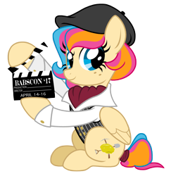Size: 3650x3760 | Tagged: safe, artist:lostinthetrees, oc, oc only, oc:golden gates, species:pegasus, species:pony, babscon, clapboard, clothing, female, high res, mare, simple background, sitting, solo, transparent background