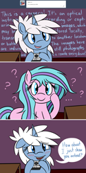 Size: 1280x2550 | Tagged: safe, artist:hummingway, oc, oc only, oc:cerulean mist, oc:swirly shells, species:pony, species:unicorn, ..., ask-humming-way, blushing, camera, comic, confused, dialogue, duo, female, hoof hold, jell-o, looking at you, mare, missing nose, open mouth, question mark, raised hoof, raised leg, smiling, speech bubble, tumblr, tumblr comic