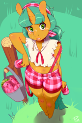 Size: 1280x1919 | Tagged: safe, artist:pijinpyon, character:snails, species:anthro, species:pony, species:unicorn, belly button, blushing, bucket, clothing, crossdressing, freckles, girly, glitter shell, grass, looking at you, male, outdoors, solo, trans female, transgender, trap
