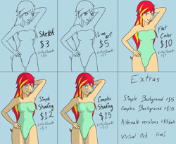 Size: 2200x1800 | Tagged: safe, artist:deltalima, character:sunset shimmer, my little pony:equestria girls, arm behind head, armpits, blue background, clothing, commission info, commission prices, female, one-piece swimsuit, simple background, solo, swimsuit