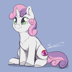 Size: 1000x1000 | Tagged: safe, artist:blindcoyote, character:sweetie belle, species:pony, species:unicorn, blue background, cute, cutie mark, diasweetes, female, filly, happy, simple background, sitting, solo, the cmc's cutie marks