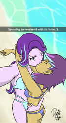 Size: 700x1300 | Tagged: safe, artist:deltalima, character:starlight glimmer, oc, my little pony:equestria girls, beach, bikini, canon x oc, clothing, female, kissing, lesbian, looking at you, selfie, snapchat, swimsuit