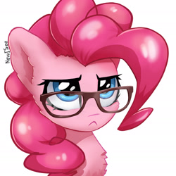 Size: 1920x1920 | Tagged: safe, artist:inowiseei, character:pinkie pie, species:earth pony, species:pony, :<, >:c, bust, cute, diapinkes, female, frown, glasses, grumpy, mare, portrait, serious, serious face, simple background, solo, white background