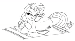 Size: 1280x705 | Tagged: safe, artist:dimvitrarius, character:rarity, species:pony, species:unicorn, bedroom eyes, cutie mark, female, licking, licking lips, looking at you, lying down, monochrome, rug, simple background, solo, tongue out, white background