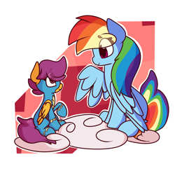 Size: 1970x1926 | Tagged: safe, artist:hedgehog-plant, character:rainbow dash, character:scootaloo, species:pegasus, species:pony, abstract background, clothing, cloud, cute, cutealoo, dashabetes, duo, female, filly, mare, proud, scootaloo can fly, scootalove, uniform, wonderbolt scootaloo, wonderbolts uniform