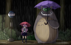 Size: 1097x700 | Tagged: safe, artist:clefficia, character:angel bunny, character:fluttershy, species:human, bus stop, crossover, humanized, my neighbor totoro, parody, rain, totoro, umbrella