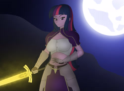 Size: 3158x2320 | Tagged: safe, artist:pyrus-leonidas, character:twilight sparkle, my little pony:equestria girls, armor, clothing, excalibur, fate/stay night, female, full moon, king arthur, looking at you, midriff, mir, moon, saber, solo, sword, unconvincing armor, weapon